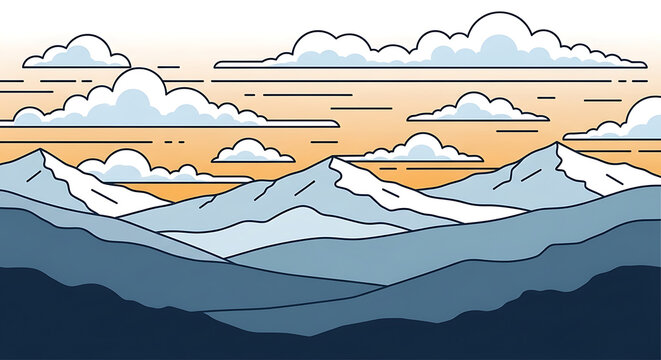 Pixel art landscape of snowy mountains and clouds at sunset, retro video game style illustration, serene nature background