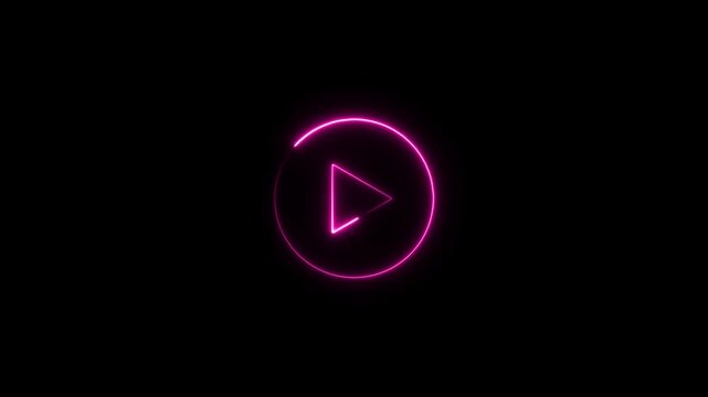 Neon pink play button loading animation with glowing circular progress bar on black background, for ui ux