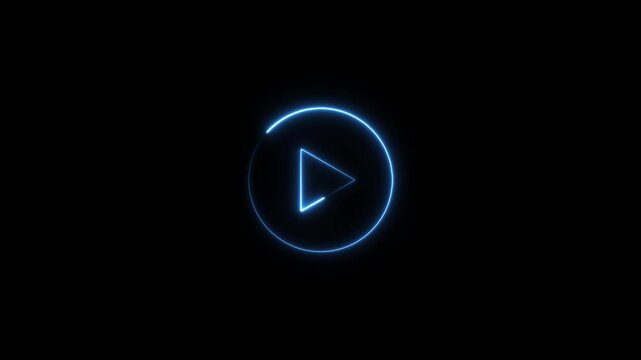 Neon blue glowing play button with circular loading animation on black background, for digital media interface