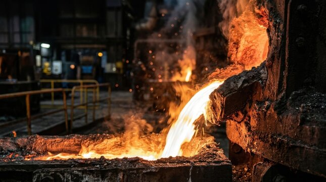 Molten metal pouring from furnace, industrial manufacturing process.