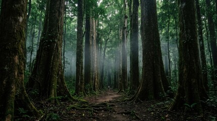Fototapeta premium Mysterious Forest Path - Sunlight Filtering Through Towering Trees.