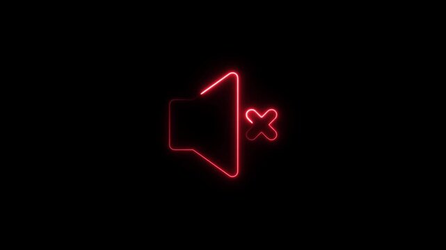 Glowing red neon mute symbol pulsing on black background, for digital interface, and audio settings sound