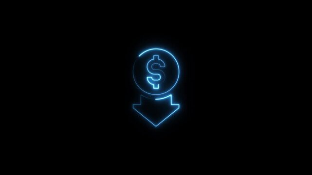 Neon blue dollar coin with downward arrow animation for financial market decline and economic loss concepts