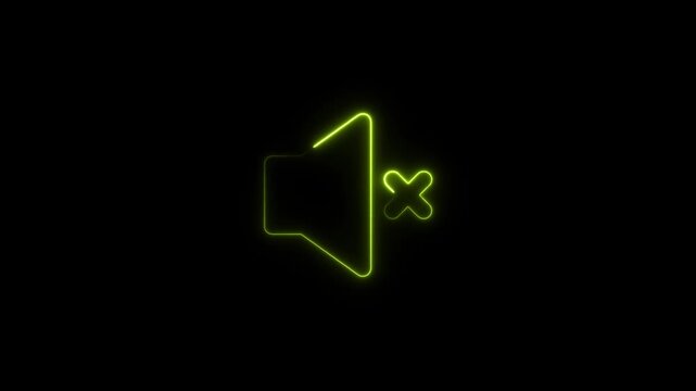 Neon mute animation: glowing green speaker symbol with x mark for digital interface and ui sound off