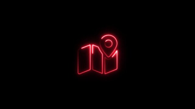 Neon red map with location pin animation, glowing digital navigation symbol for travel and logistics apps