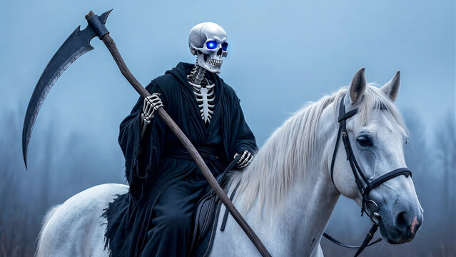 Grim reaper skeleton with glowing blue eyes riding white horse holding large scythe in foggy landscape