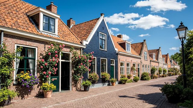 Traditional Dutch brick houses along a sunny cobblestone street