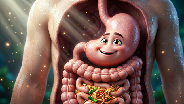Smiling human stomach with noodles inside a body cavity