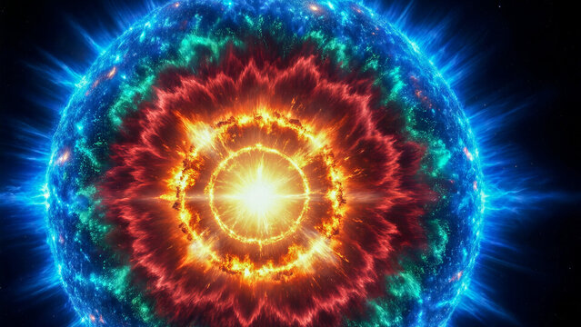 Exploding supernova star in deep space with bright cosmic energy and glowing gas clouds