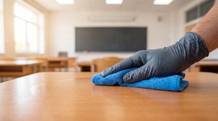 Obraz premium A person wearing a glove meticulously wipes a wooden desk with a blue cloth in a classroom emphasizing cleanliness and hygiene in educational environments