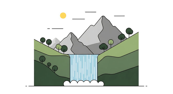 Stylized mountain landscape with a cascading waterfall, rolling green hills, stylized sun, and distant clouds, nature scene illustration