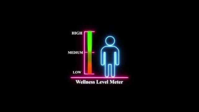 Neon wellness level meter infographic: human health status indicator with dynamic color-coded progress bar animation