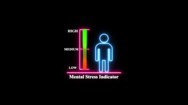 Mental stress indicator infographic with neon human for psychology, wellness, and corporate health analysis