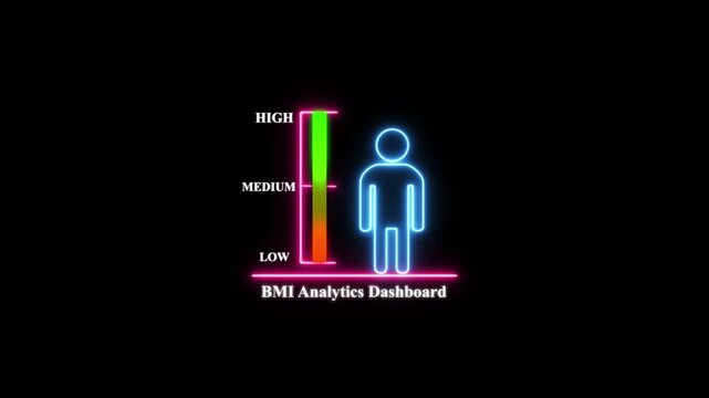 Neon bmi analytics dashboard interface with human body for health, fitness, and medical data visualization