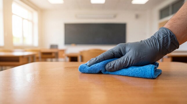A person wearing a glove meticulously wipes a wooden desk with a blue cloth in a classroom emphasizing cleanliness and hygiene in educational environments