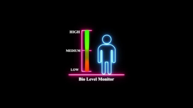 Neon bio level monitor infographic: human health status indicator with dynamic glowing health bar animation