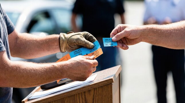 Attendant wearing leather gloves handing blue valet parking ticket to customer outside