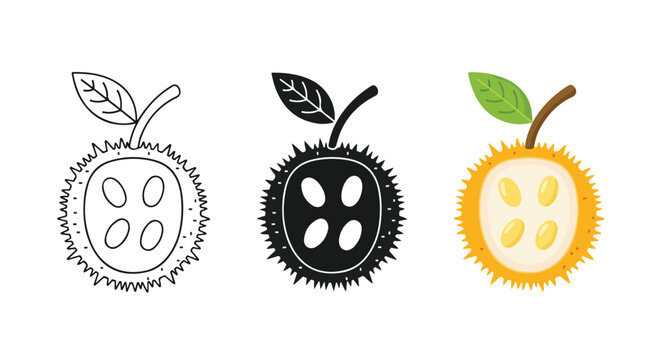 Colorful cartoon apple illustrations in black white and yellow with leaf details on a white background