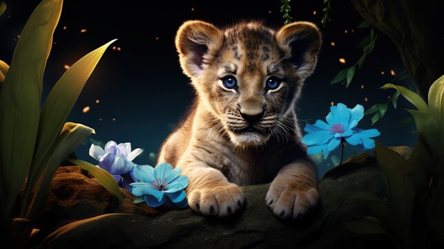 Young Lion Cub Peering Over Bright Blue Flowers Under Moonlit Jungle Night Scene