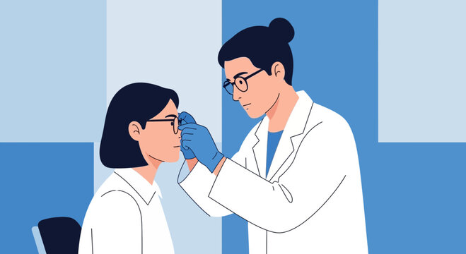 Ophthalmologist examining patient's eye with ophthalmoscope in clinic, medical check-up