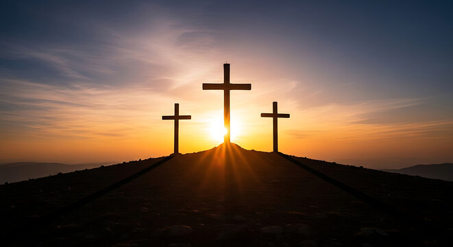 Three wooden crosses silhouetted against a vibrant sunset on a barren hill, symbolizing faith, hope, and sacrifice, conveying spiritual and religious themes.