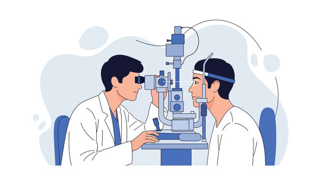 Ophthalmologist examining patient's eye with slit lamp, eye care and vision test concept