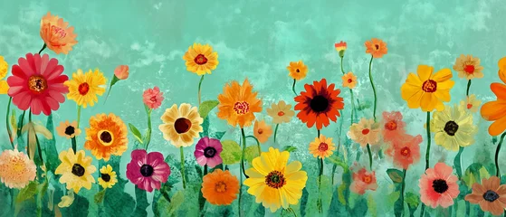 Keuken achterwand Koraalgroen Colorful floral landscape with vibrant flowers on a turquoise background  © Helen