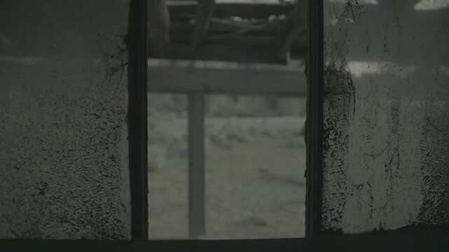 Cinematic Pan Through Broken Window &ndash; Spooky Teal and Orange Scene Creepy Atmosphere 4K Cinematic Slow Camera Pan