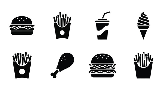 Collection of fast food icons including burgers fries drinks ice cream and chicken drumstick in simple black silhouette