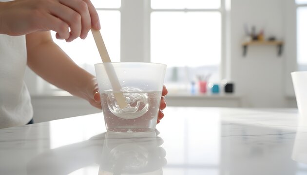 Woman mixing epoxy resin with a wooden stick for a furniture repair and home renovation concept in a bright modern workshop interior