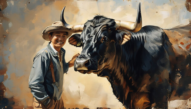 Smiling East Asian Man with Black Bull &ndash; Rustic Portrait Art
