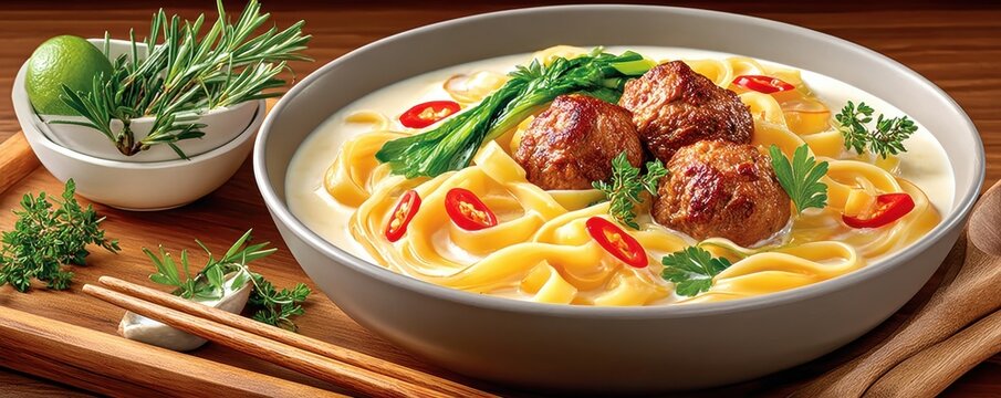 Indonesian bakso noodle soup with meatballs, yellow noodles, chili and fresh herbs in a bowl