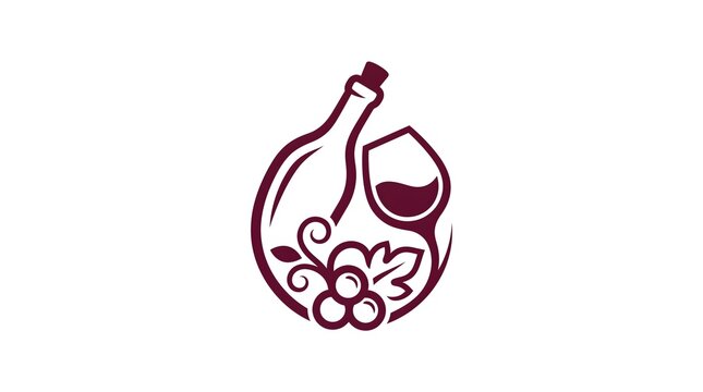 Minimalist wine logo design featuring a stylized bottle, a wine glass filled with red wine, and a bunch of grapes with a leaf, all enclosed in a circular frame