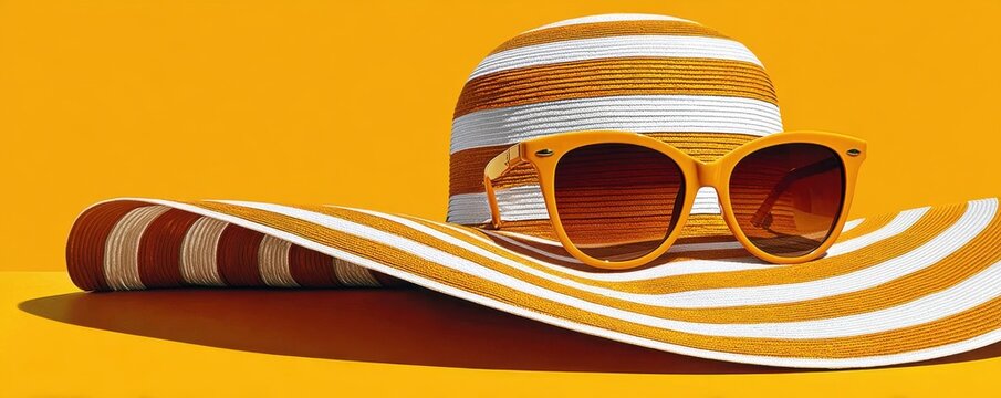 Yellow striped wide-brim hat with matching sunglasses for summer beach style