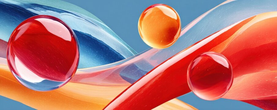 Glossy colorful abstract background with reflective glass spheres and flowing ribbon shapes in 3D