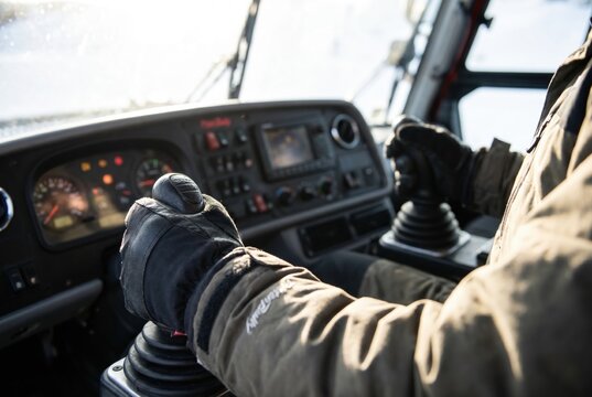 Operator hands shifting gear joystick while driving heavy snowcat machine on winter mountain