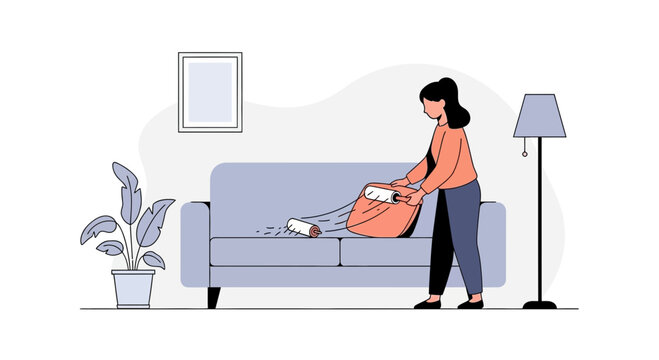 Woman cleaning sofa with lint roller, tidying up living room, home organization concept