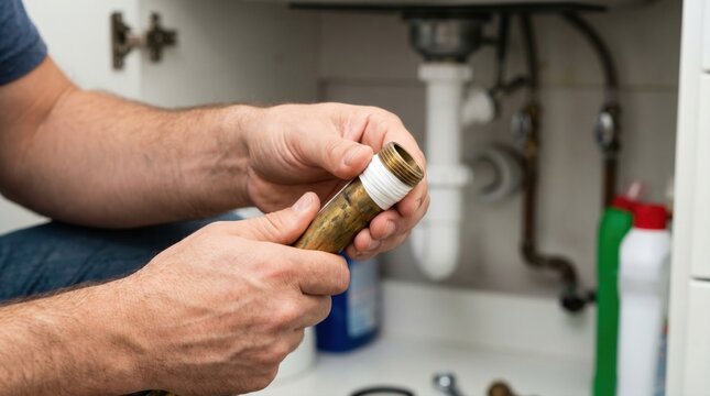 Plumber hands applying white seal tape to brass pipe thread under bathroom sink