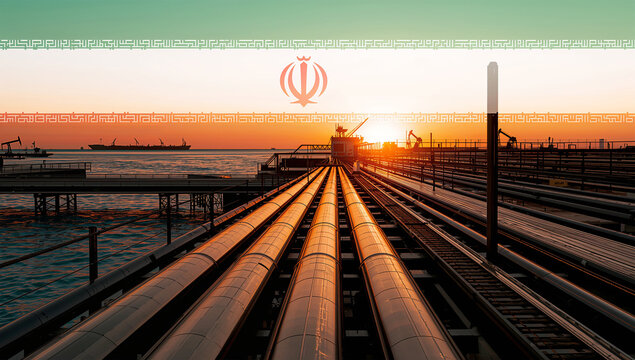 海上輸出設備と国旗で示すイラン原油輸送の産業写真