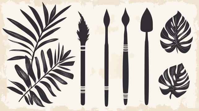 Black and white botanical artwork of leaves and painting tools against a textured background