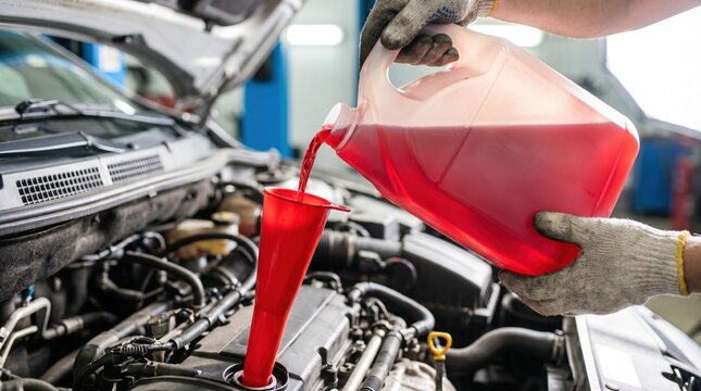 Auto mechanic hands pouring pink antifreeze coolant liquid through red funnel into car engine