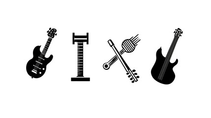 Fototapeta premium Black and white illustrations of a guitar, ruler, crossed instruments, and another guitar on white