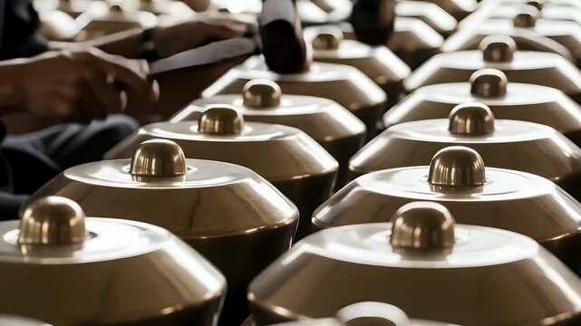 Skilled musician playing traditional indonesian bronze gamelan instruments with rhythmic precision and focus during a cultural performance showcasing ancient heritage and complex melodic percussion&nbsp;