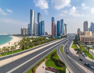 Fototapeta premium Aerial view of a modern coastal city with sleek skyscrapers, a highway, beach, and palm trees