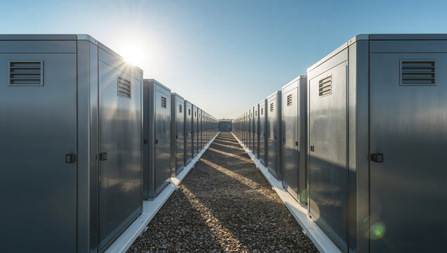 屋外に並ぶ蓄電池ユニットが次世代エネルギー設備を示す写真