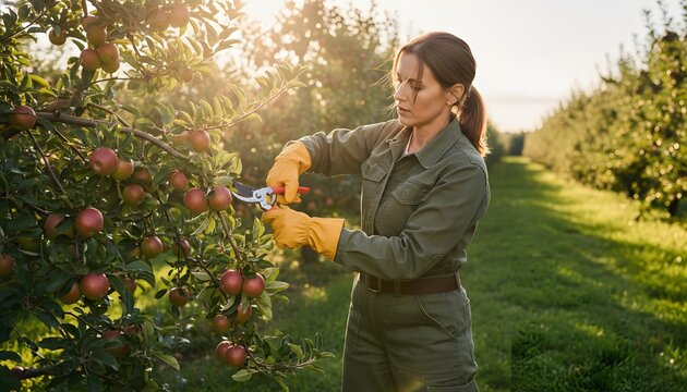 Professional female gardener pruning a fruit tree in an apple orchard at sunset for a sustainable agriculture and organic farming concept showcasing women in workforce