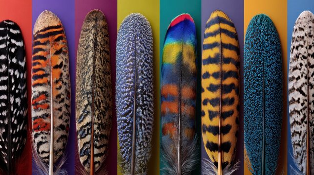 High-resolution stock texture of neat rows of different types of bird feathers (like black crow and striped owl), on a colorful color block background