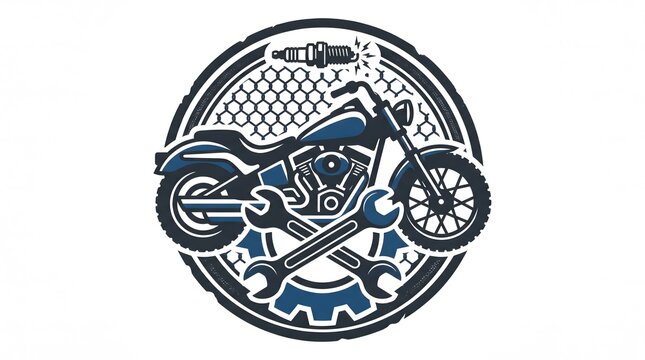 Vintage motorcycle repair service logo or emblem featuring a cruiser motorcycle, crossed wrenches, a spark plug, and a gear wheel.