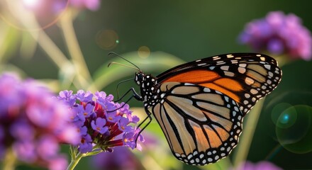 Obraz premium A beautiful monarch butterfly on a purple flower in a garden with natural lighting and a blurred bac