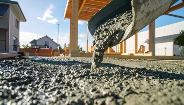 Fresh concrete being poured from a chute onto a construction site, forming a new foundation for a modern building project.